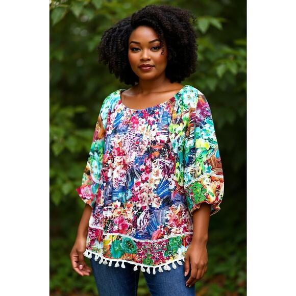 Calessa Women’s XL Blouse Boho Cottage Core Floral Artsy 3/4 Sleeve - Picture 1 of 7